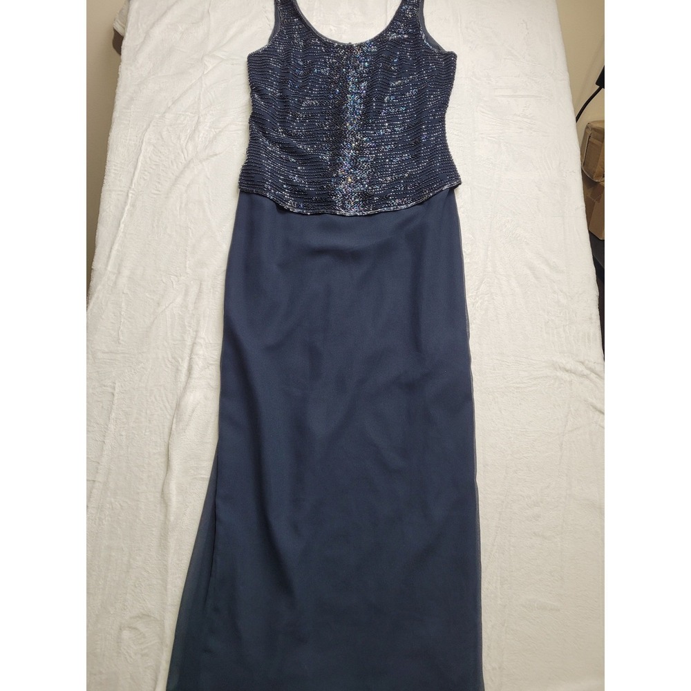 J Kara Maxi Dress Women 6 Navy Blue Beaded Sequin Formal Evening Gown